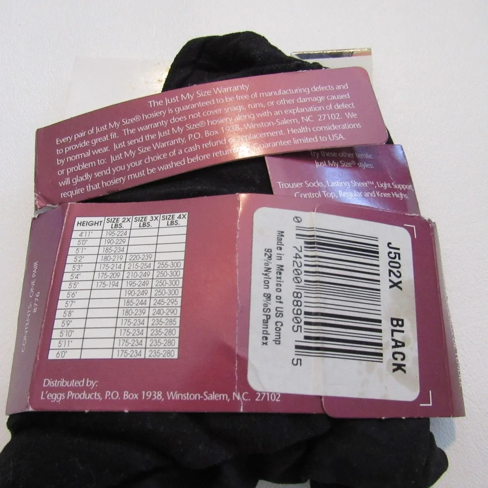 Just My Size‎ Silky Opaque Tights Black Plus Size 2X Vintage J502X New